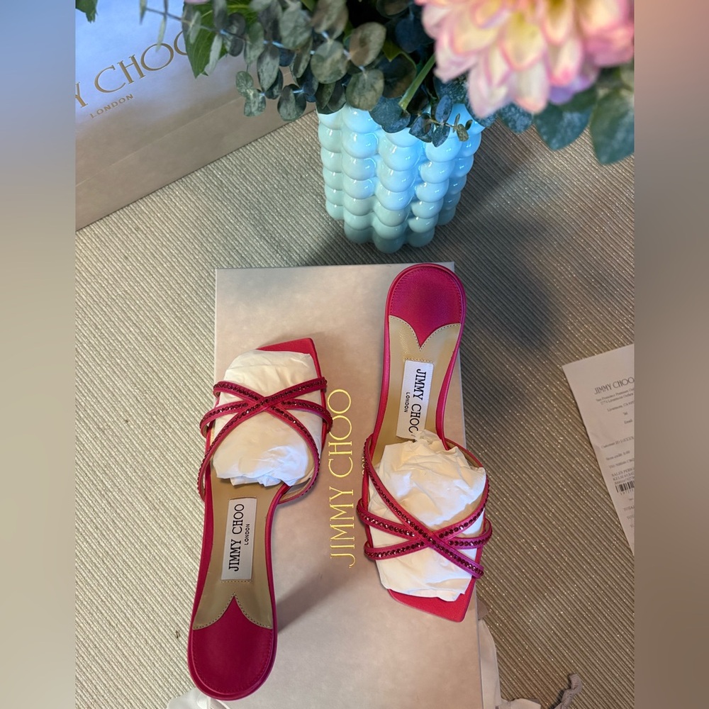 Authentic Jimmy Choo Kelsi 65 in peony 🩷satin with crystal sandal/ size 6